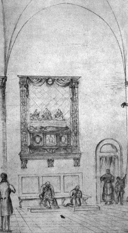 Monumento di Medea Colleoni nella chiesa della Basella, prima del 1842, Disegno di Pietro Maria Ronzoni (1781-1862), Milano, c. privata