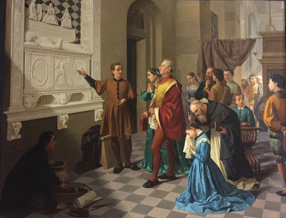 Giovanni Beri, Bartolomeo Colleoni visita la tomba della figlia Medea  che l’Amadeo ha compiuto, 1867, Dipinto su tela, Pavia (Musei Civici del Castello Visconteo)